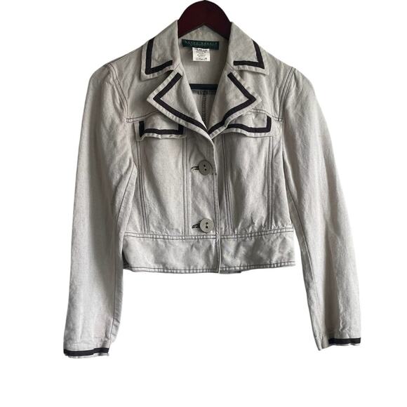 Harve Bernard Women Cropped Jacket 4 Beige Brown Trim Scabby Chic Boho Y2K Retro - Picture 1 of 15